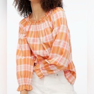 J.Crew Ruffle Tie Back Top Orange Plaid Smocked Neck Sleeve Medium Women. 1143